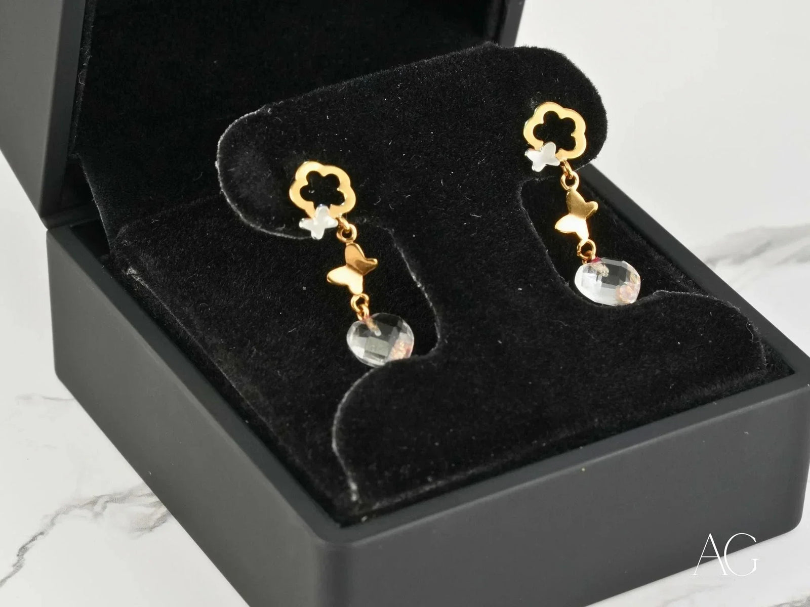 Whispering Butterflies 18K gold crystal drop earrings with flower stud and butterfly charm