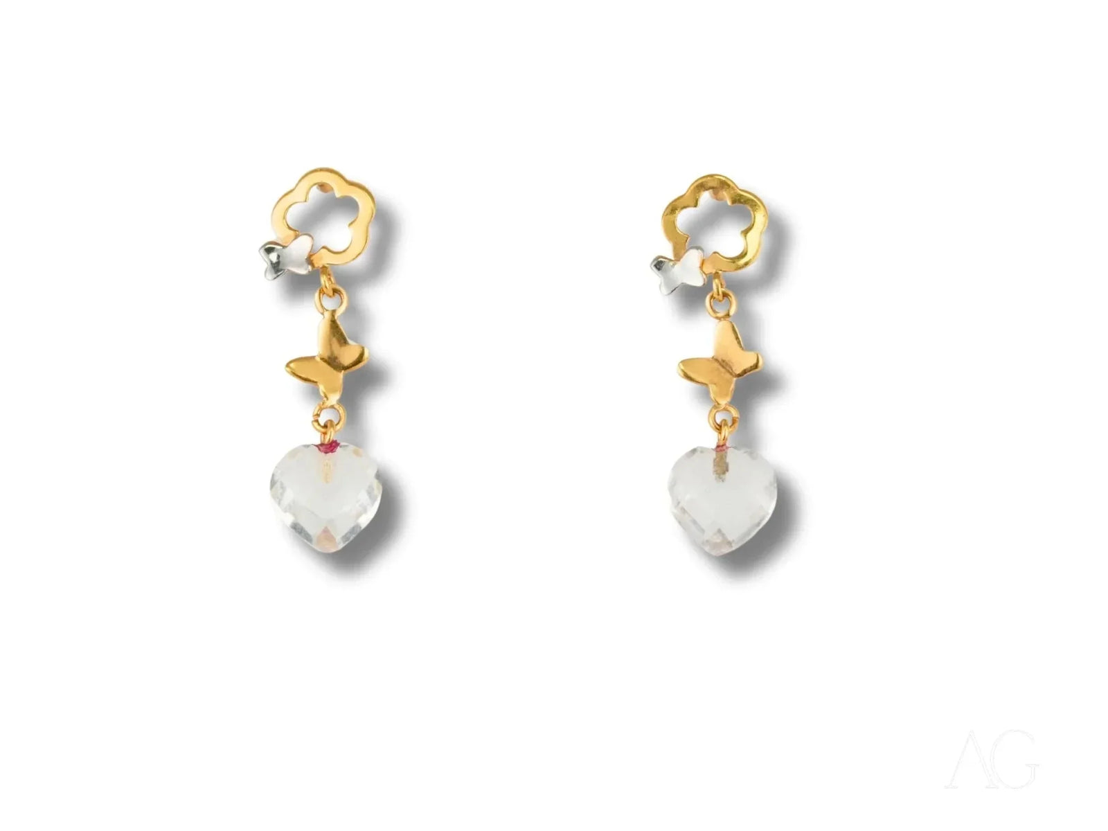 Whispering Butterflies 18K gold crystal drop earrings with floral stud, butterfly charm, and faceted heart gem
