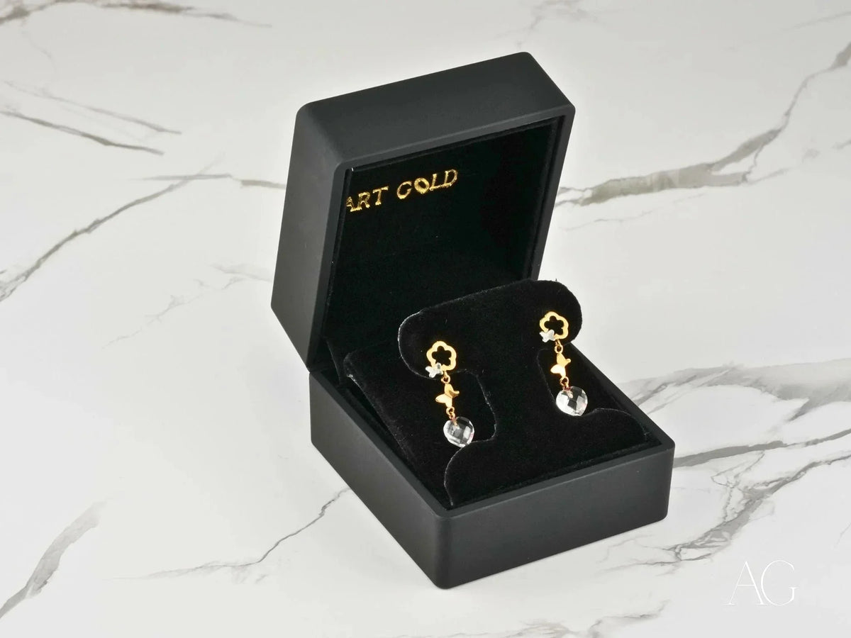 Whispering Butterflies 18K gold crystal drop earrings in black box