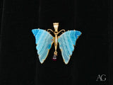 18k solid gold elegance pendant with blue agate wings and ruby