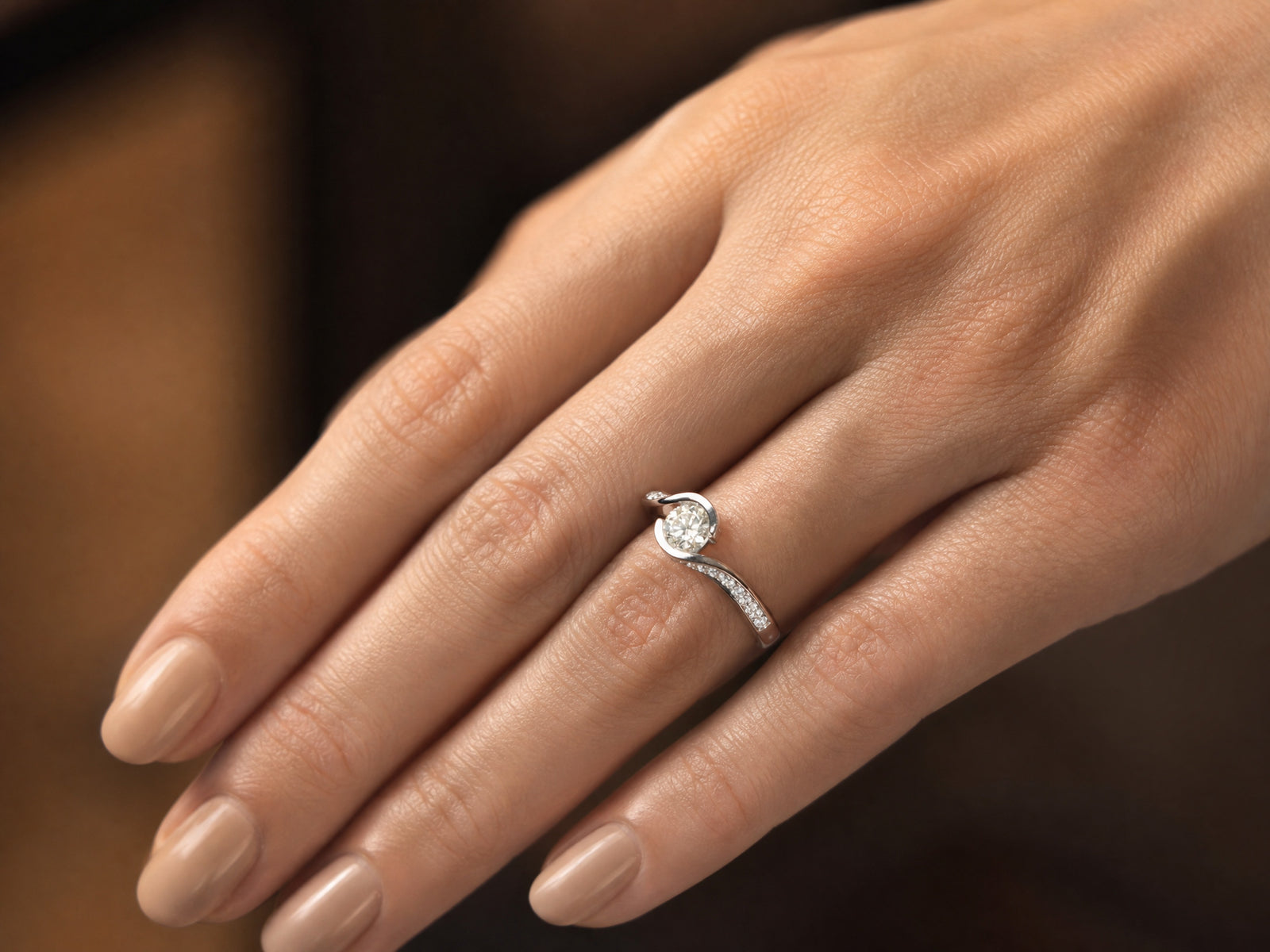 Twist of Light — Bypass Diamond Ring, worn on finger